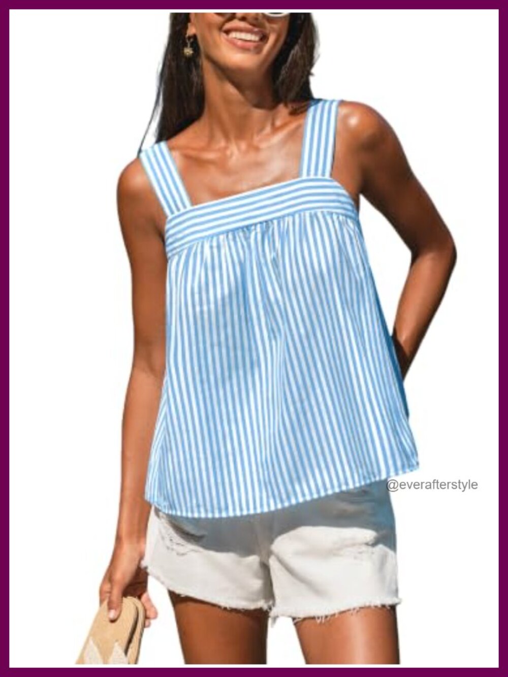 Striped Sleeveless Square Neck Pleated Tunic Tank Top Loose Fit